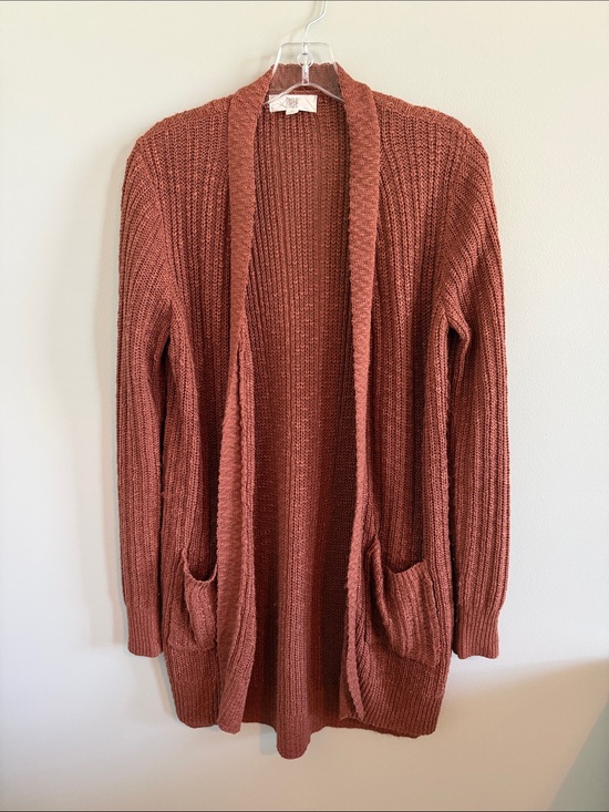 PINQUE Sweaters - Open-Front Longline Knit Cardigan - Rust